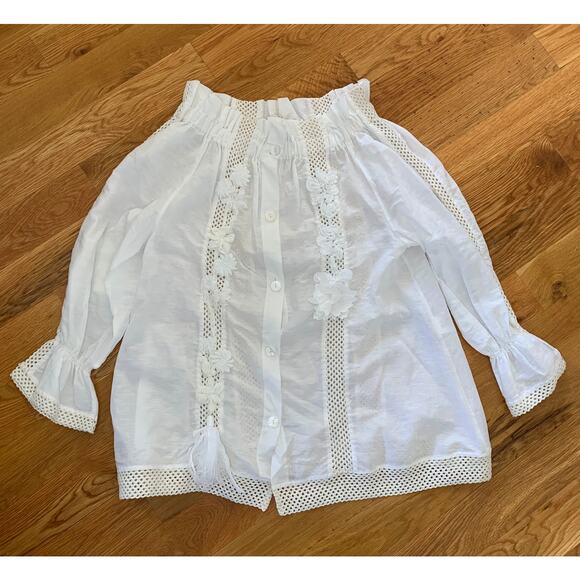 Anjuna Tops - Anjuna Off the Shoulder White Button Down Blouse Small Floral Eyelet Long Sleeve